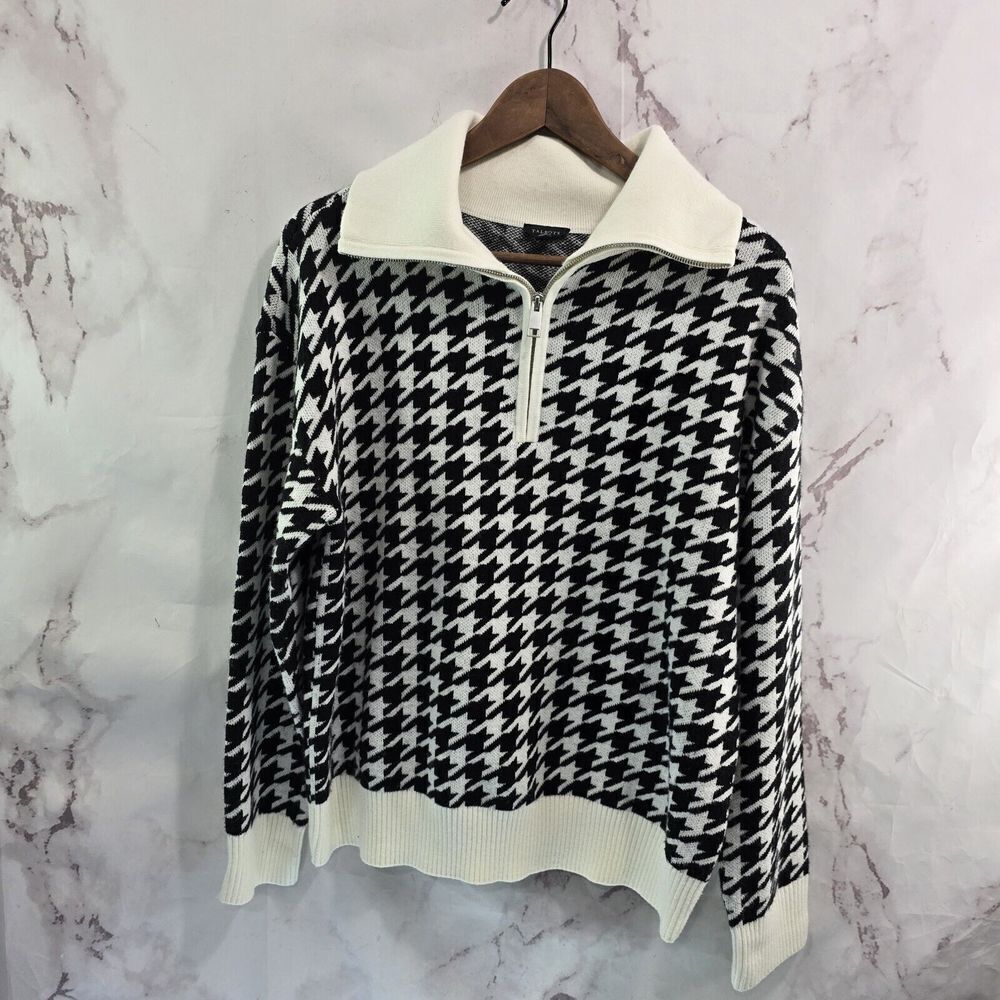 Talbots Sweater Womens Large Black White Big Houndstooth Half Zip Collar Mock